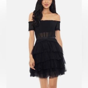 Betsy and Adam Priscilla Off the Shoulder Tulle Corset Tiered Mini Dress